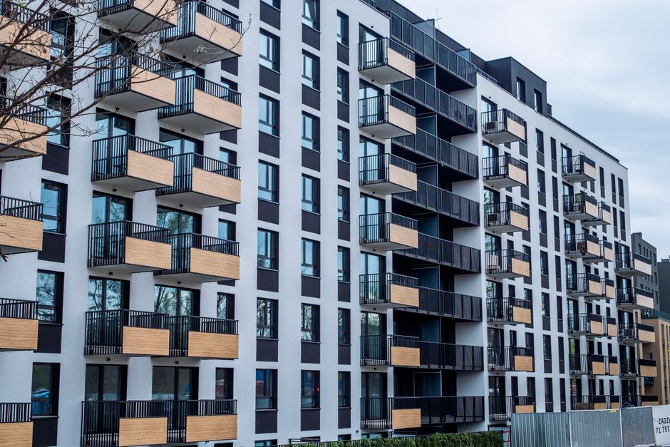 Contemporary apartment building with balconies in an urban setting
