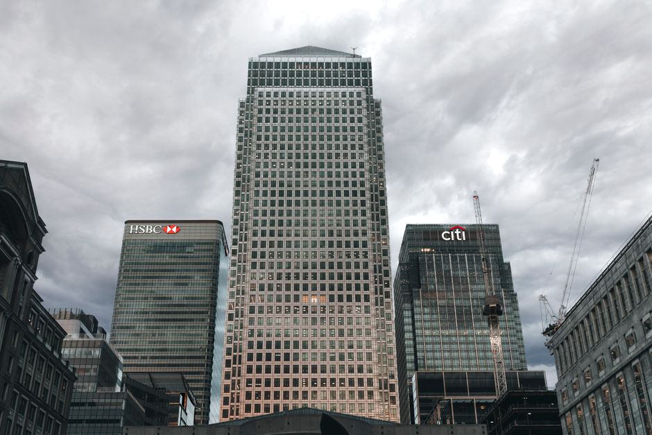 View of major bank buildings in a business district