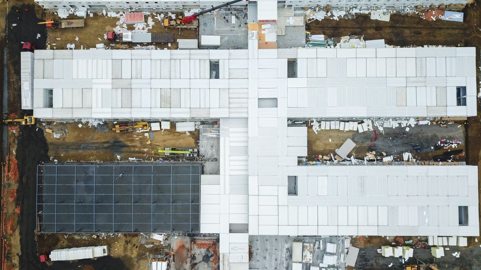Aerial view of a large construction and development site