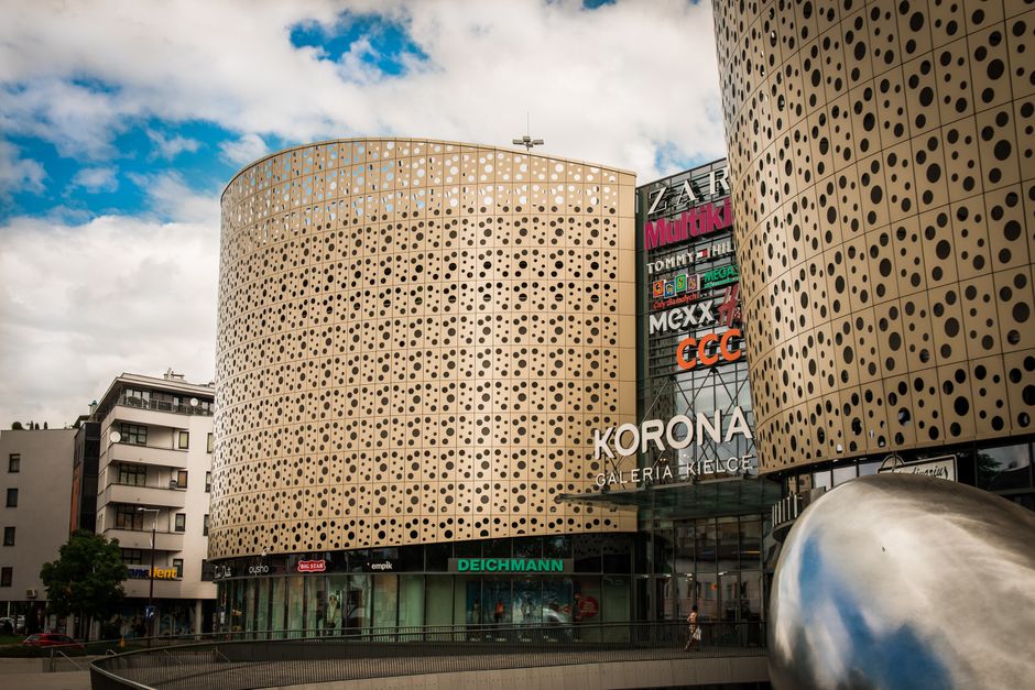 A contemporary shopping mall featuring unique architectural design