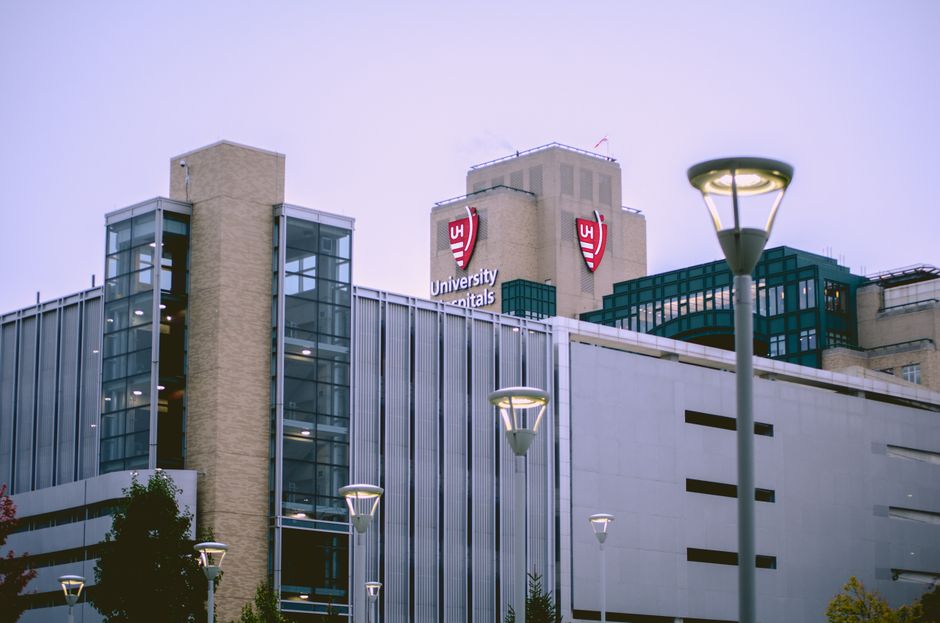 Modern hospital building against a clear sky