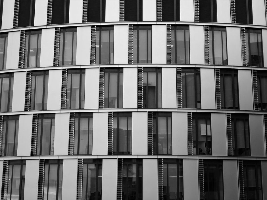 Contemporary office building exterior with glass and steel elements