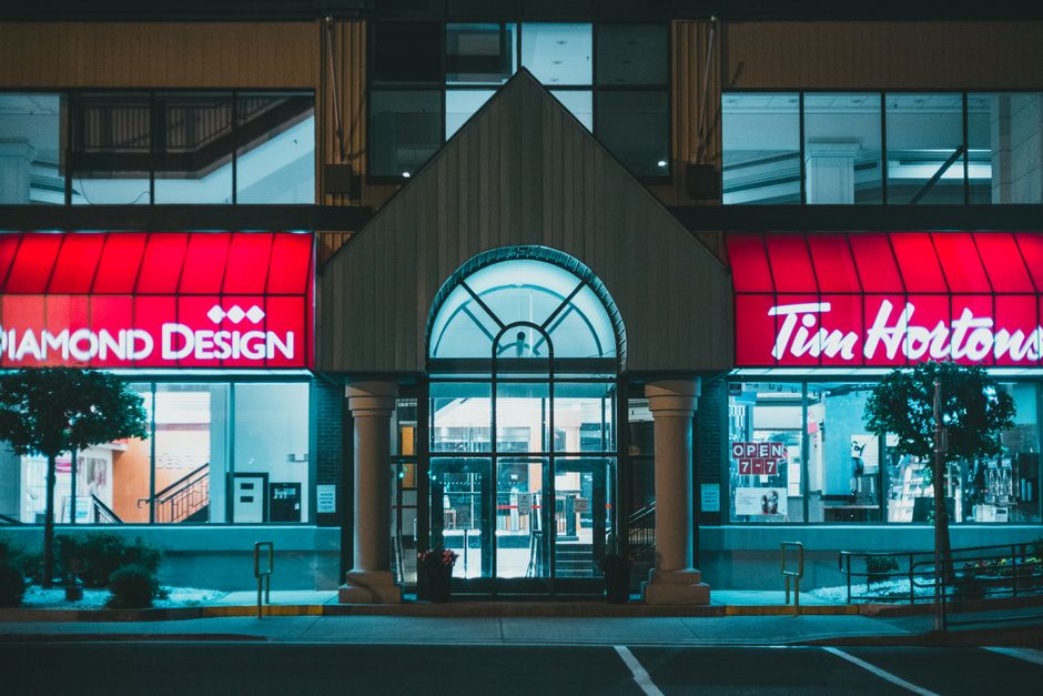 Modern illuminated retail storefronts