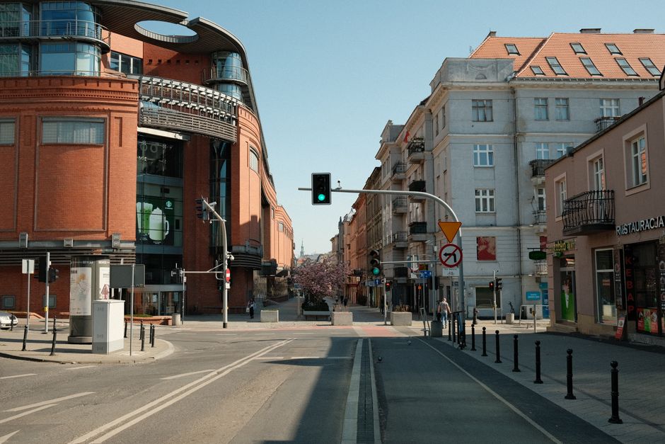 Urban street with modern and classic commercial architecture